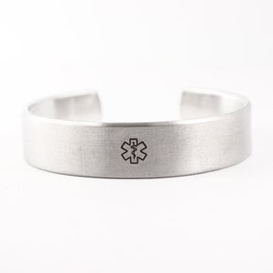 Custom Medical Alert Cuff Bracelet - 1/2" Wide Pure Aluminum - can be stamped with condition on inside or outside