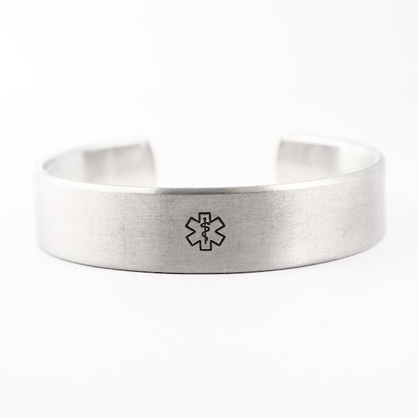 Custom Medical Alert Cuff Bracelet - 1/2" Wide Pure Aluminum - can be stamped with condition on inside or outside