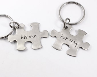 His One Her Only - Stainless Steel puzzle piece set with initials - couples set - couples keychains - keychain set