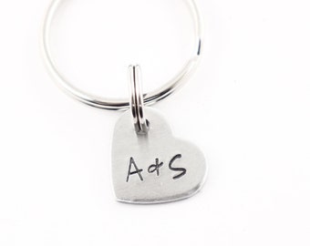 Custom Hand Stamped Two Initial Keychain - Small Heart