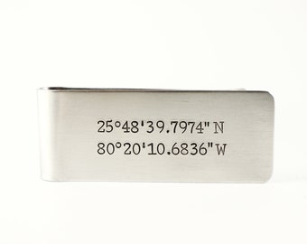 GPS COORDINATES money clip - Custom Money Clip - Hand Stamped Money Clip - Location Money Clip - GPS gift