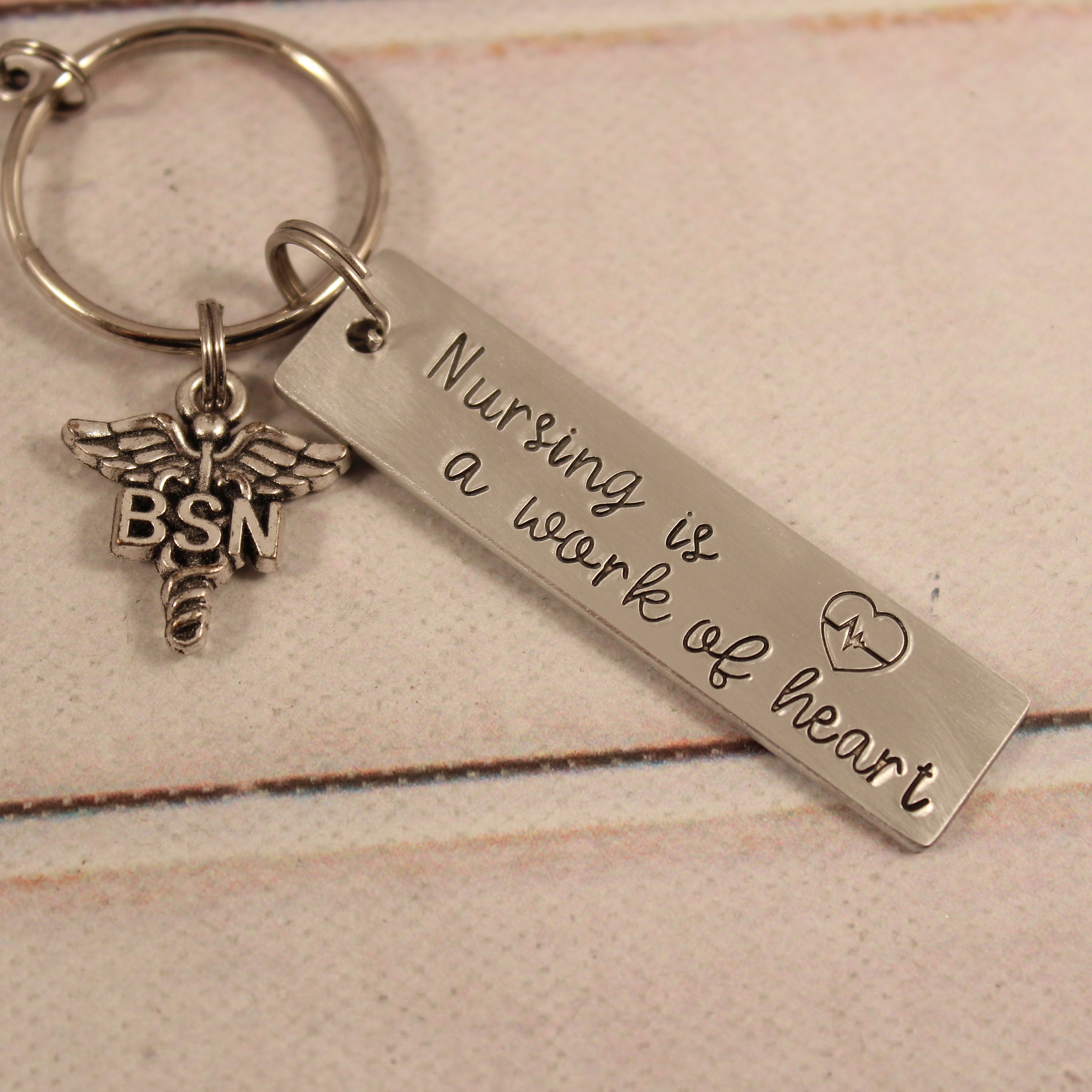 Nursing is a Work of Heart Hand Stamped Keychain With RN or BSN Charm ...