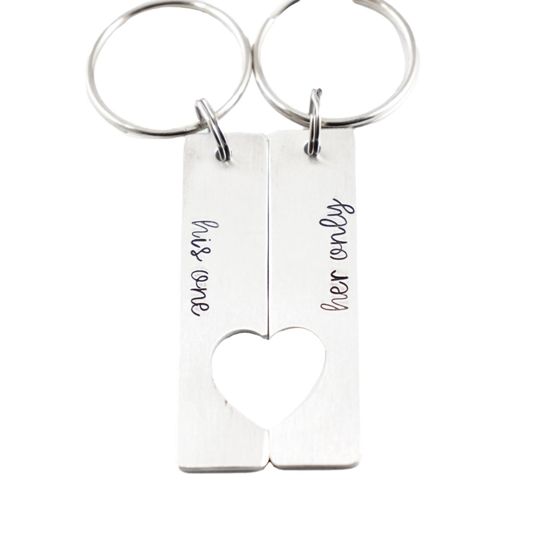 His One Her Only Couples Keychain Set With Heart Cutout His Etsy