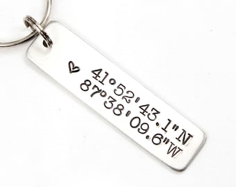 Custom, coordinate keychain - Hand Stamped Keychain - Location Keychain - GPS Keychain