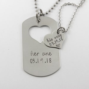 Her One / His Only dog tag with heart cut out & Heart set - available as keychain, bracelet or necklace set (or mix thereof)