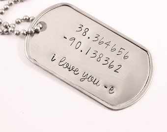 Custom Text - GPS - Latitude Longitude - Location - Stainless Steel Military Style Dog Tag and Ball Chain Necklace or Keychain