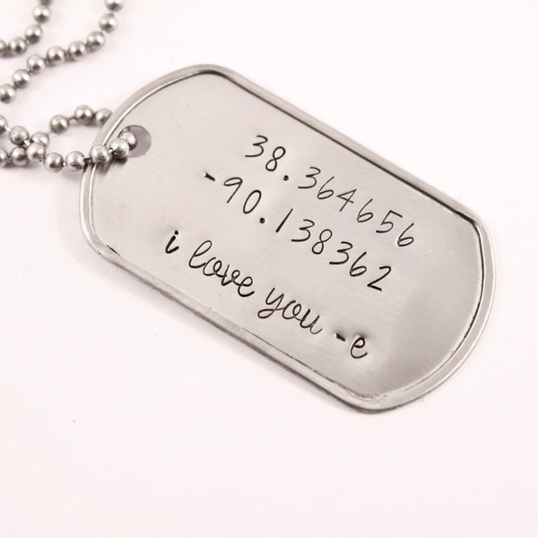 Custom Text - GPS - Latitude Longitude - Location - Stainless Steel Military Style Dog Tag and Ball Chain Necklace or Keychain