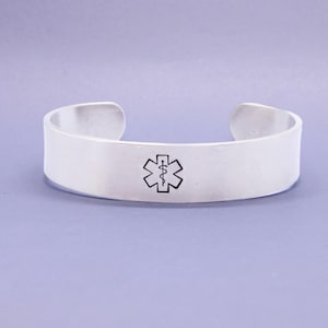Bracelet manchette d'alerte médicale personnalisée - 1/2" de large en aluminium pur ou en acier inoxydable