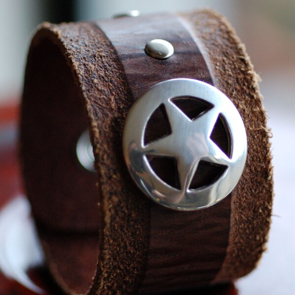 Mens Brown Leather Cuff with Ranger Star and Rivets