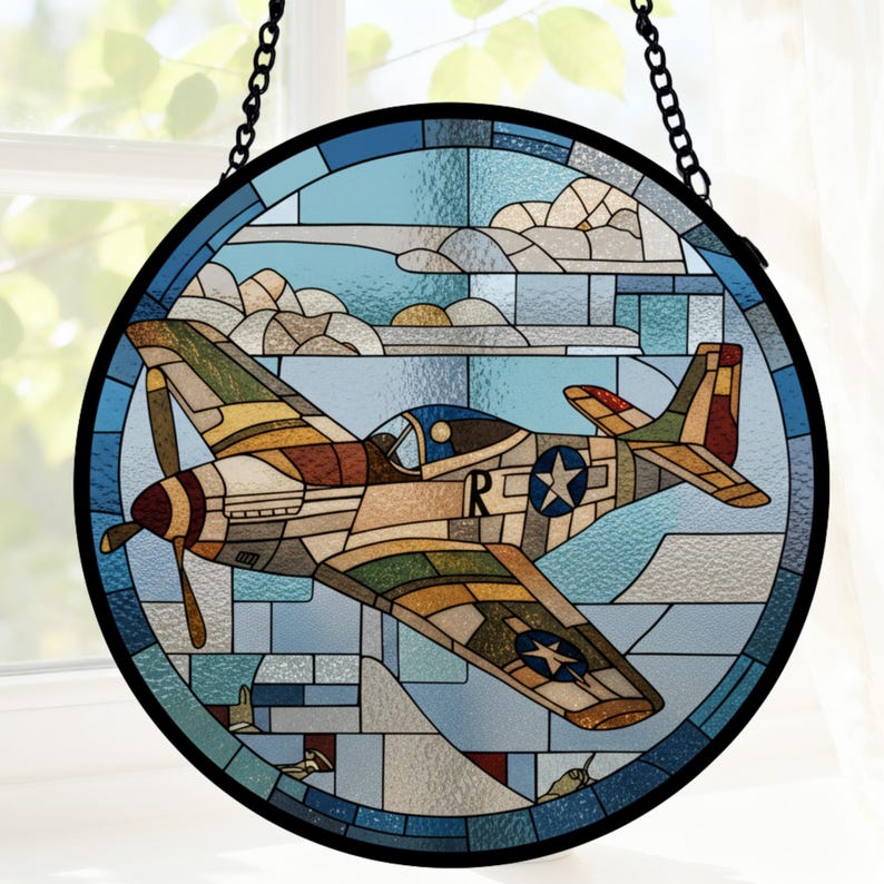 P-51 Mustang Stained Glass Art, Fighter Jet Window Hanging, Vintage ...