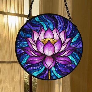 Purple Lotus Stained Glass Suncatcher, Unique Lotus Lovers Gift, Elegant Home or Kitchen Decor, Perfect for Mother&#39;s Day, Art Home Decor