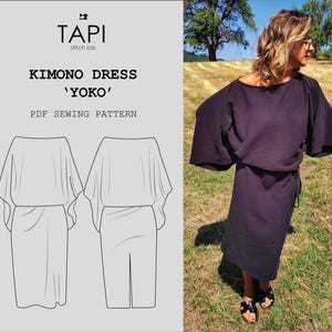 Peut inclure: Une robe kimono violet foncé avec des manches larges et une taille nouée. La robe est portée par une personne debout dans un champ herbeux. L'image comprend également un dessin au trait de la robe et le texte "KIMONO DRESS 'YOKO' PDF SEWING PATTERN".