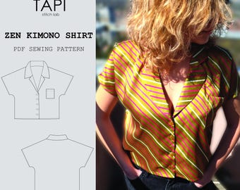 Cartamodello PDF per camicia kimono, tutorial digitale per camicetta da donna con colletto a revers