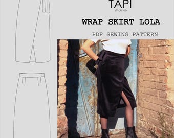 Patrón de costura en PDF para falda cruzada midi, falda de talle alto con cinturón ajustable.