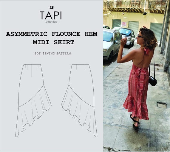 Asymmetric Flounce Hem Midi Skirt *PDF Sewing Pattern* Asymmetric
