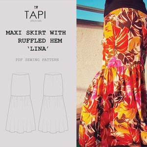 MAXI Skirt with gathered RUFFLE hem ‘Lina’ *PDF Sewing pattern* Long Ruffle Skirt | Flowy Maxi Skirt | Easy Beginner Pattern | Linen Skirt