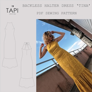 Pode incluir: Vestido amarelo sem costas com padrão floral e bainha com babados. A imagem também inclui desenhos lineares do vestido e o texto "BACKLESS HALTER DRESS 'TINA' PDF SEWING PATTERN". O vestido é usado por uma pessoa.
