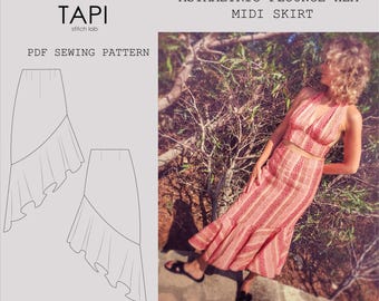 Asymmetric Flounce Hem Midi Skirt PDF Sewing Pattern (Beginner-friendly)