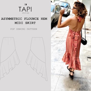 Asymmetric Midi Skirt PDF Sewing Pattern | Flounce Hem Skirt | High Waist Skirt Pattern | Beginner-friendly Digital Pattern |