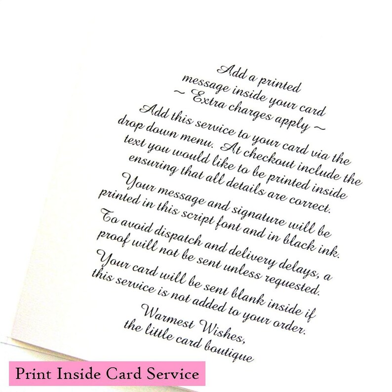 May include: White card with black script text describing a print inside card service. The text includes instructions on how to add a printed message, ensuring details are correct. The card will be sent blank if the service is not added.