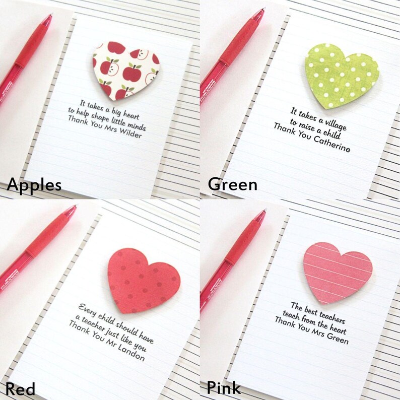 May include: Four different teacher appreciation cards with heart-shaped paper notes. The notes have different patterns: apples, green polka dots, red polka dots, and pink stripes. Each card has a different message of appreciation for teachers. The messages include: "It takes a big heart to help shape little minds", "It takes a village to raise a child", "Every child should have a teacher just like you", and "The best teachers teach from the heart".
