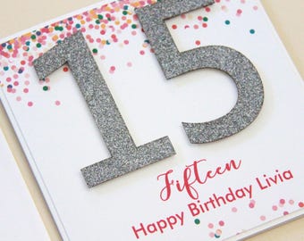Personalised 15th Birthday Card. 6 Colours. 15th Birthday Gift for Girl. Daughter 15th Birthday. Grandaughter 15 Birthday. Quinceañera Card.