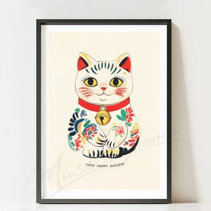 Póster de gato de la suerte japonés Maneki Neko, arte mural, impresión digital, obra de arte moderna, minimalista, para sala de estar, impresión Giclée de Año Nuevo chino.