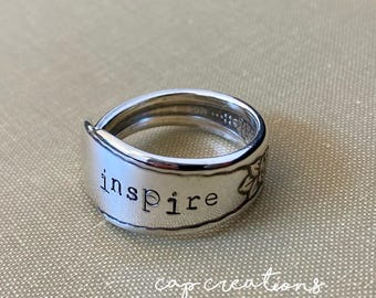 Hand Stamped INSPIRE Spoon Ring: Repurposed Silverware Jewelry, Size 9