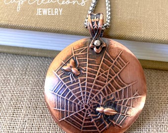 Handcrafted Copper Spider Web Pendant Necklace: Halloween Jewelry