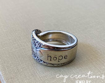Hand Stamped HOPE Ring, Vintage Spoon Ring, Thumb Ring, Size 5, Spoon Ring, Vintage Silverware Ring, Silverware Jewelry, Repurposed Spoon