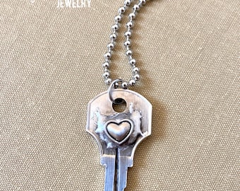 Heart Key Necklace, Heart Jewelry, Soldered Key, Key Jewelry, Embellished Key Jewelry, Key Pendant, Handcrafted Key Necklace, Stamped Solder