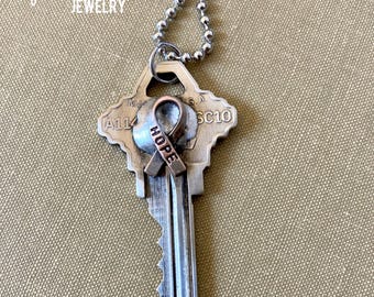 Key Necklace, Awareness Jewelry, Soldered Key, Key Jewelry, Embellished Jewelry, Key Pendant, Handcrafted Necklace, Awareness Ribbon, Hope