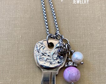 Stamped Key Necklace, Soldered Key, Key Jewelry, Embellished Key, Key Pendant, Handcrafted Necklace, Stamped Solder, Gift for Friend, Charm