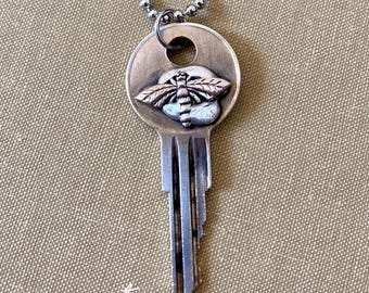 Key Necklace, Bee Jewelry, Soldered Key, Key Jewelry, Embellished Key Jewelry, Key Pendant, Handcrafted Key Necklace, Stamped Solder, Bee