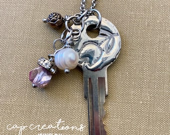 Stamped Key Necklace, Soldered Key, Key Jewelry, Embellished Key, Key Pendant, Handcrafted Necklace, Stamped Solder, Gift for Friend, Charm