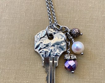 Stamped Key Necklace, Soldered Key, Key Jewelry, Embellished Key, Key Pendant, Handcrafted Necklace, Stamped Solder, Gift for Friend, Charm