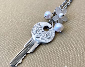 Stamped Key Necklace, Soldered Key, Key Jewelry, Embellished Key, Key Pendant, Handcrafted Necklace, Stamped Solder, Gift for Friend, Charm