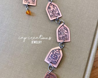 Handcrafted Copper Halloween Bracelet: Spooky Crystal Bead Jewelry