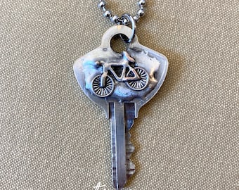 Bicycle Necklace, Bicycle Jewelry, Soldered Key, Embellished Key Jewelry, Key Pendant, Handcrafted Necklace, Stamped Solder, Bike