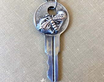 Key Necklace, Bee Jewelry, Soldered Key, Key Jewelry, Embellished Key Jewelry, Key Pendant, Handcrafted Key Necklace, Stamped Solder, Bee