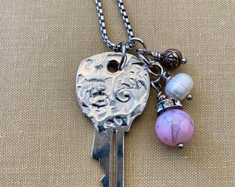 Stamped Key Necklace, Soldered Key, Key Jewelry, Embellished Key, Key Pendant, Handcrafted Necklace, Stamped Solder, Gift for Friend, Charm