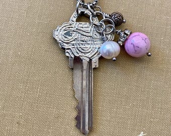 Stamped Key Necklace, Soldered Key, Key Jewelry, Embellished Key, Key Pendant, Handcrafted Necklace, Stamped Solder, Gift for Friend, Charm