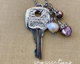 Stamped Key Necklace, Soldered Key, Key Jewelry, Embellished Key, Key Pendant, Handcrafted Necklace, Stamped Solder, Gift for Friend, Charm