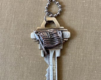 Flag Key Necklace, Flag Jewelry, Soldered Key, Key Jewelry, Embellished Jewelry, Key Pendant, Handcrafted Necklace, Patriotic Jewelry, USA