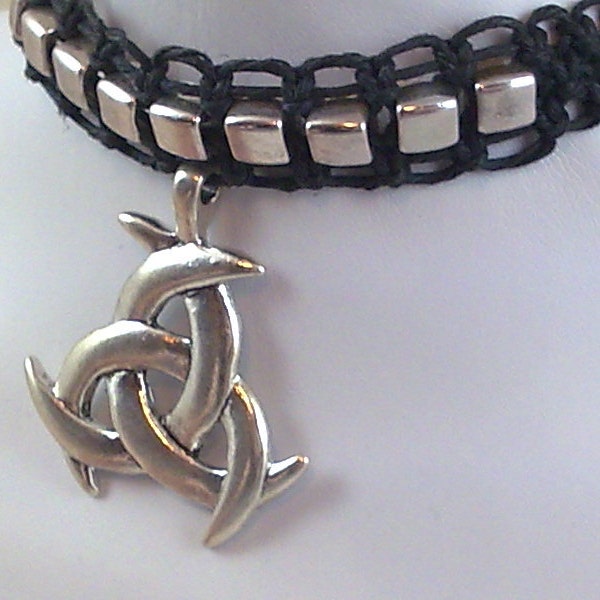 Black Hemp Choker with Triple Crescent Moon Pendant and Antique Silver Cube Beads