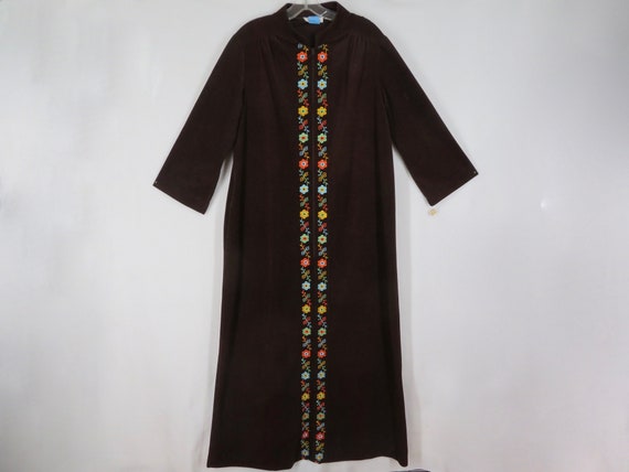 Vintage 70s Cozy Fuzzy Velour Robe Brown Zip Front