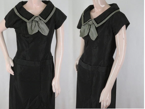 Vintage 50s Rockabilly Black Taffeta Sheath Dress