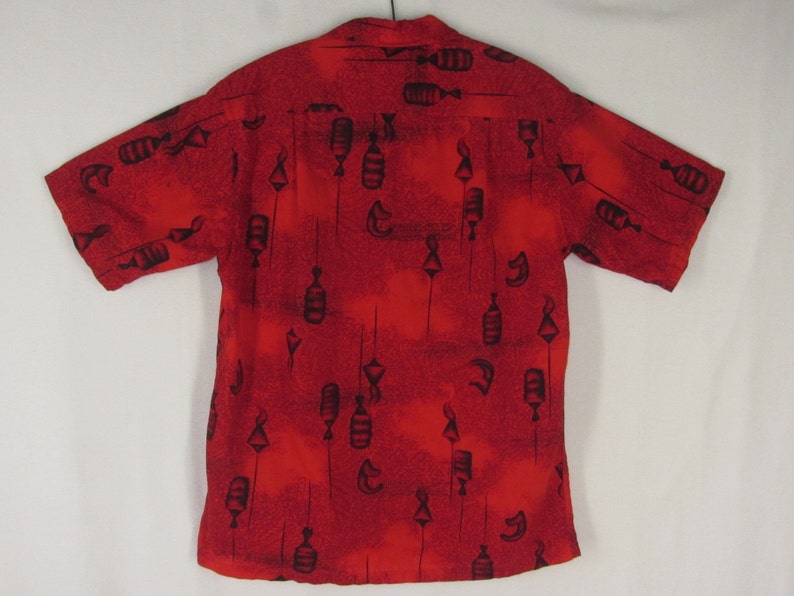 50s Aloha Shirt Women/'s Hoaloha Red Hawaiian Print Asian Lanterns