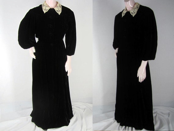 Vintage 40s Black Velvet Goth Dress Dressing Gown