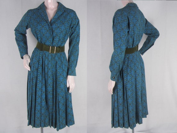 Vintage 60s Blue Green Foulard Print Dress Bill At